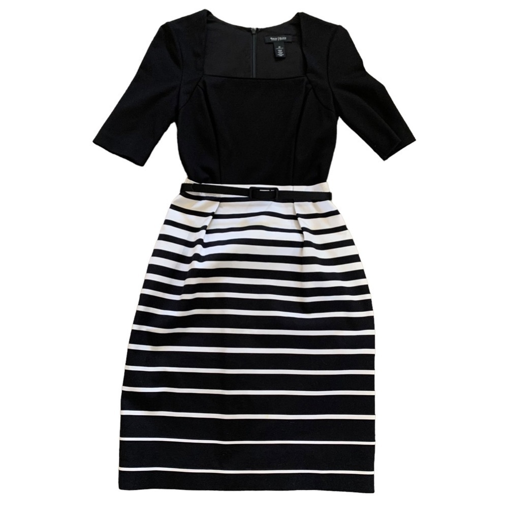 White House Black Market Square Neckline Belted Dress In Black White Size 00